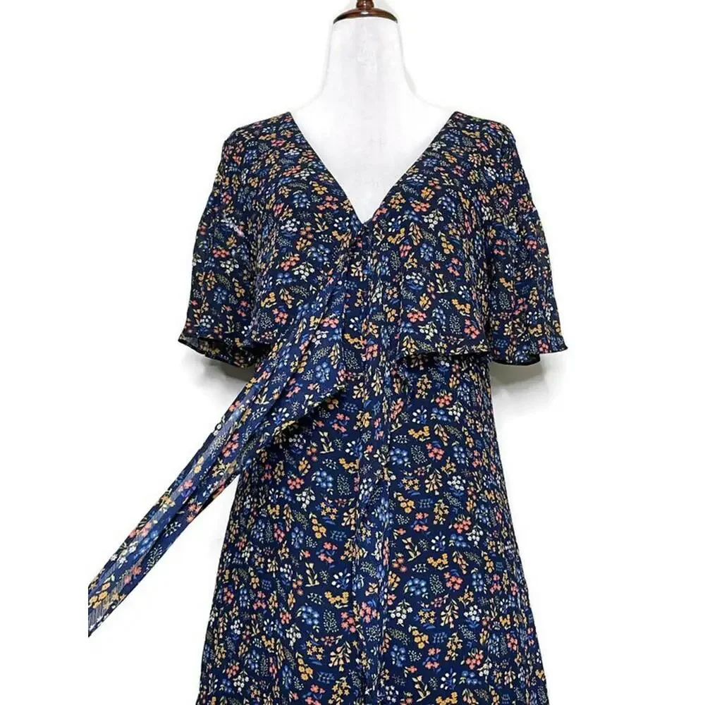 Madewell Cross Front Floral Flutter Sleeve Faux Wrap A Line Tie Dress Blue 4 - Picture 8 of 9